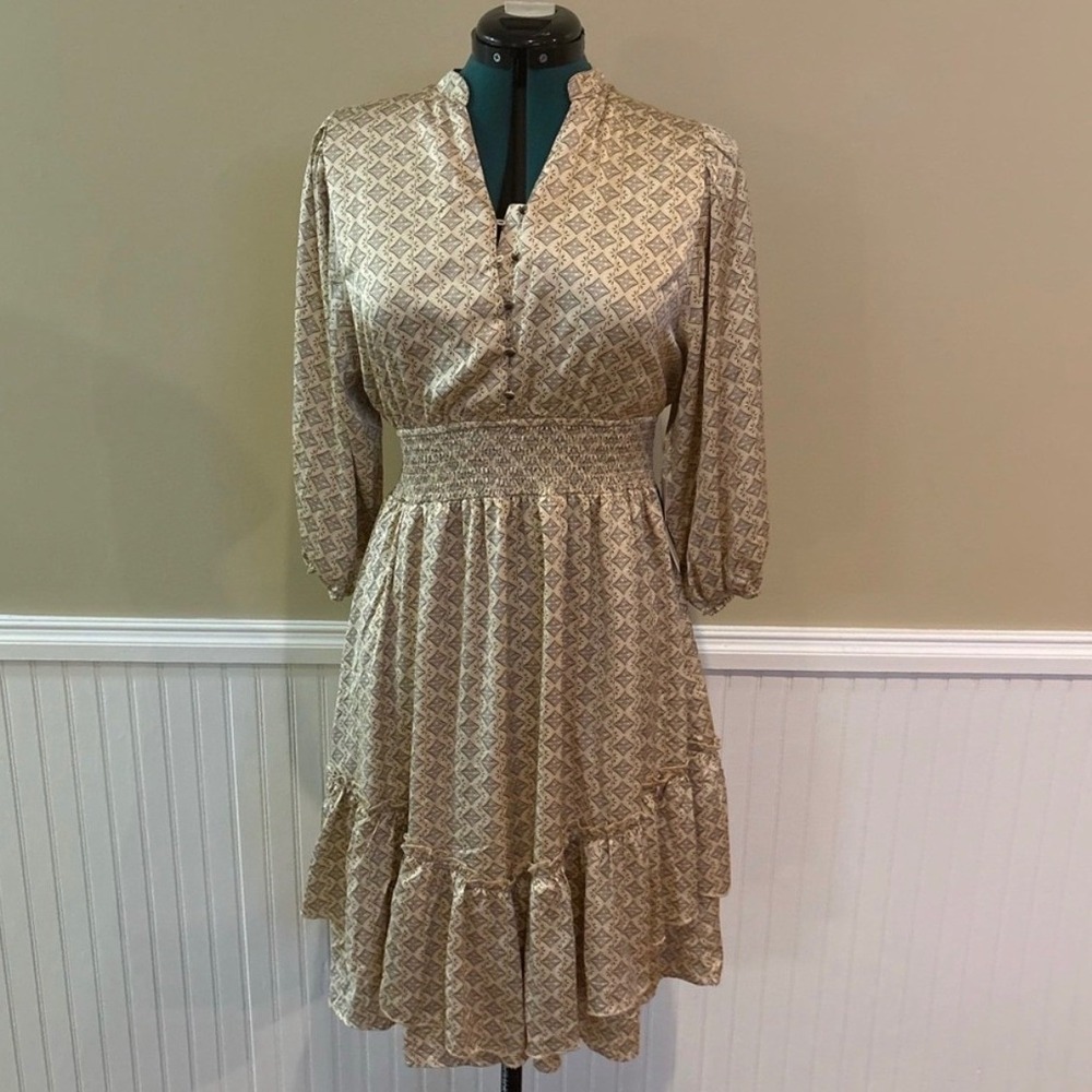 Bohme The Delling Women's Small Dusty Salmon Patterned Tiered Midi Dress NWT